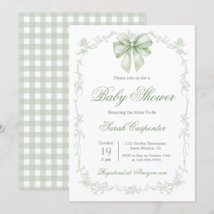 Invitación Sage Green Gingham y Bow Baby Shower