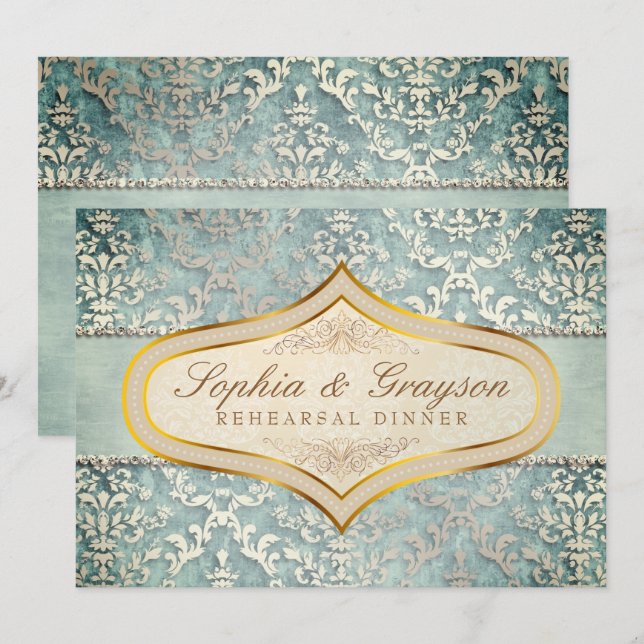 Invitación Sage Green Glimmer Damask Ensayo de casamiento Cen (Anverso / Reverso)