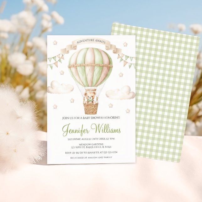Invitación Sage Green Globo de aire caliente Teddy bear Bebé (Subido por el creador)