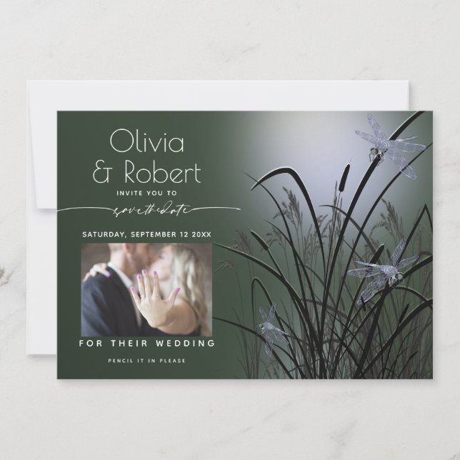 Invitación Sage Green Glow Save the Date Moonlight Dragonfly (Anverso)