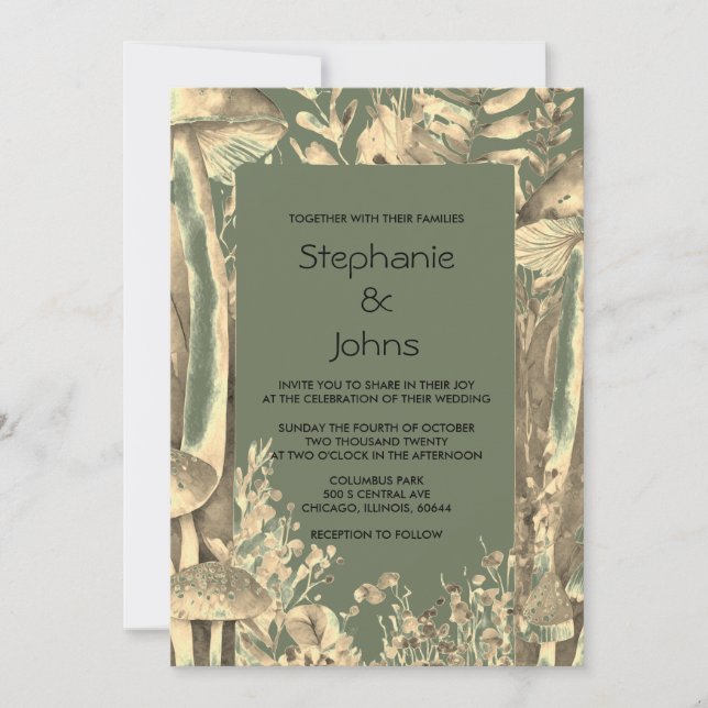 Invitación Sage Green Gold Artistic Mushroom Woodland Boda (Anverso)