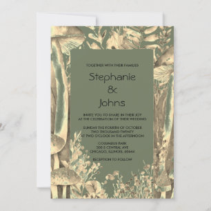 Invitación Sage Green Gold Artistic Mushroom Woodland Boda