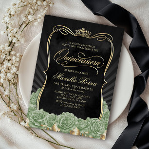 Invitación Sage Green Gold Black Quinceañera