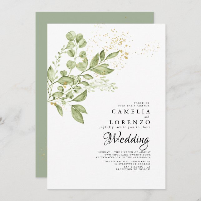 Invitación Sage Green Gold Boho Greenery Boda (Anverso / Reverso)