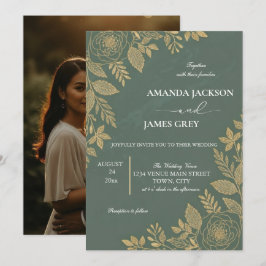Invitación Sage Green Gold Botanical Photo Back Wedding Invit