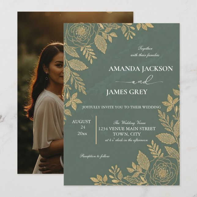 Invitación Sage Green Gold Botanical Photo Back Wedding Invit (Anverso / Reverso)