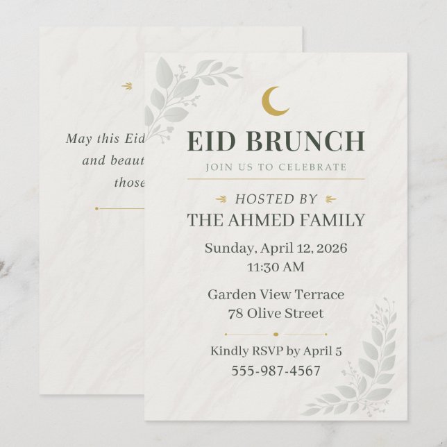 Invitación Sage Green & Gold Botanical Sage Eid Brunch Moon (Anverso / Reverso)