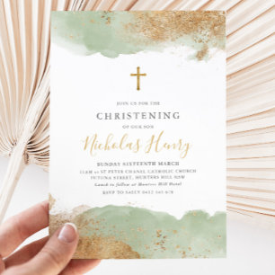 Invitación Sage Green Gold Cross Boys Baptism Christening