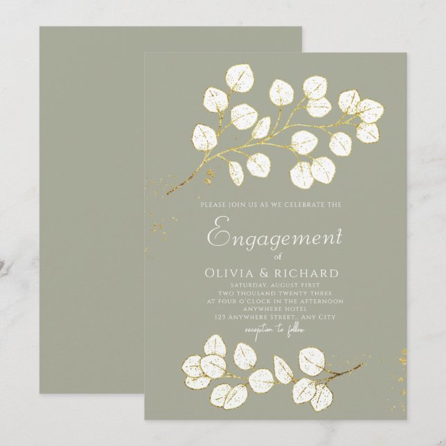 Invitación Sage Green Gold Eucalyptus deja la fiesta de compr (Anverso / Reverso)
