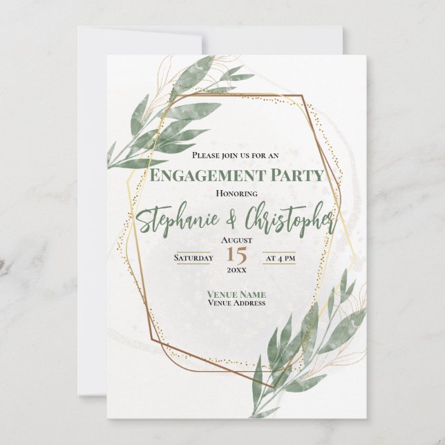 Invitación Sage Green Gold Eucalyptus Floral Engagement Party (Anverso)