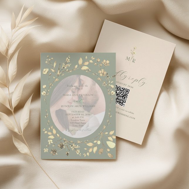 Invitación Sage Green Gold Floral Photo Wedding (Subido por el creador)
