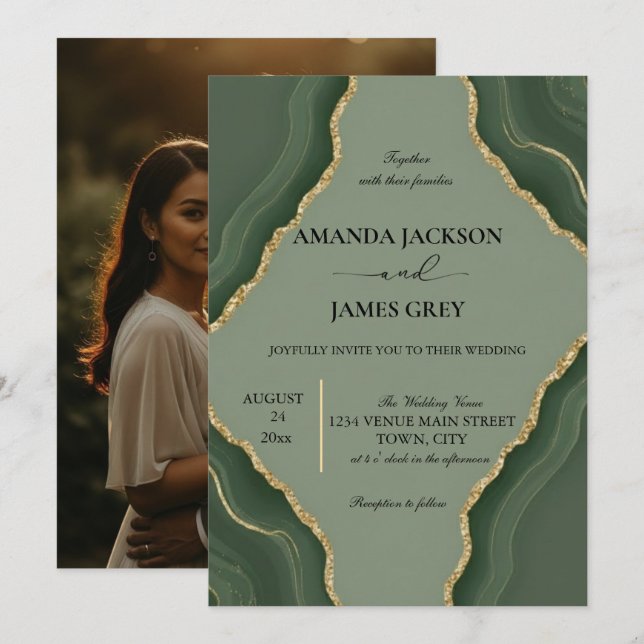 Invitación Sage Green Gold Geode Photo Back Wedding  (Anverso / Reverso)