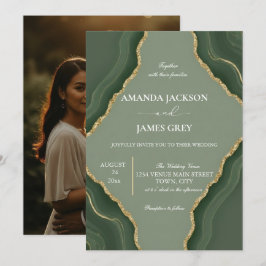 Invitación Sage Green Gold Geode Photo Back Wedding 
