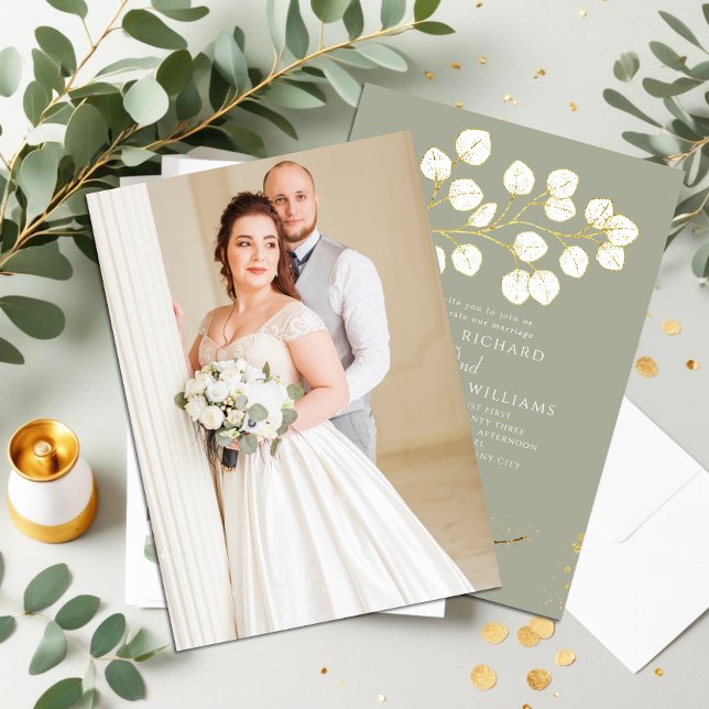 Invitación Sage Green Gold Greenery Eucalyptus Photo Boda (Subido por el creador)