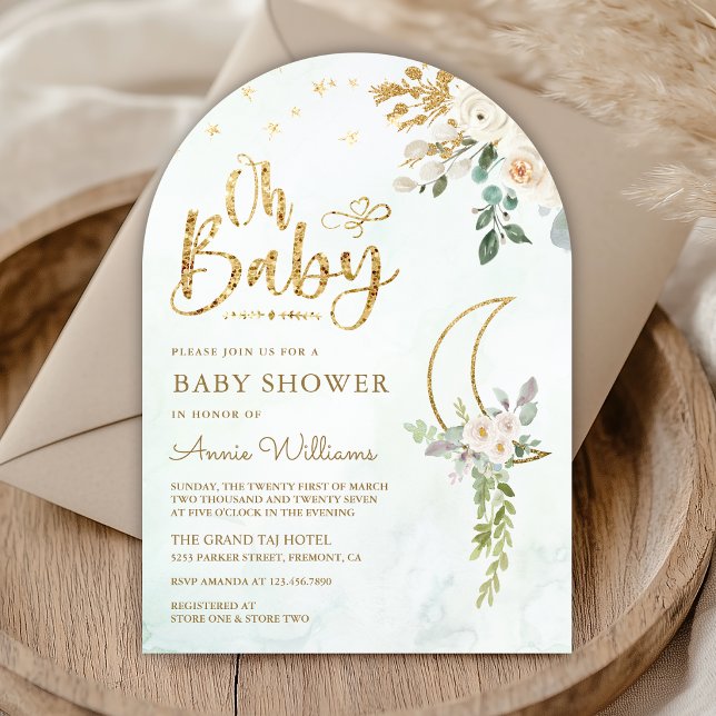 Invitación Sage Green Gold Marfil Floral Moon Arch Baby Showe (Subido por el creador)
