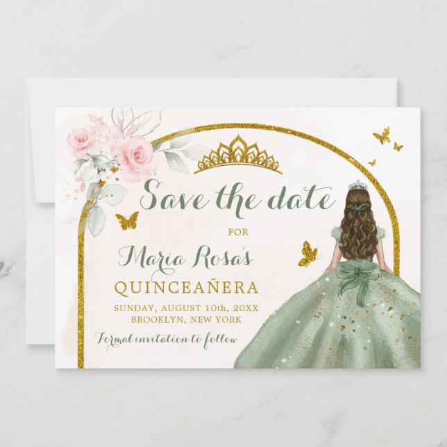 Invitación Sage Green Gold Princess Butterfly Quinceañera (Anverso)