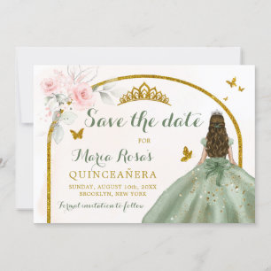 Invitación Sage Green Gold Princess Butterfly Quinceañera
