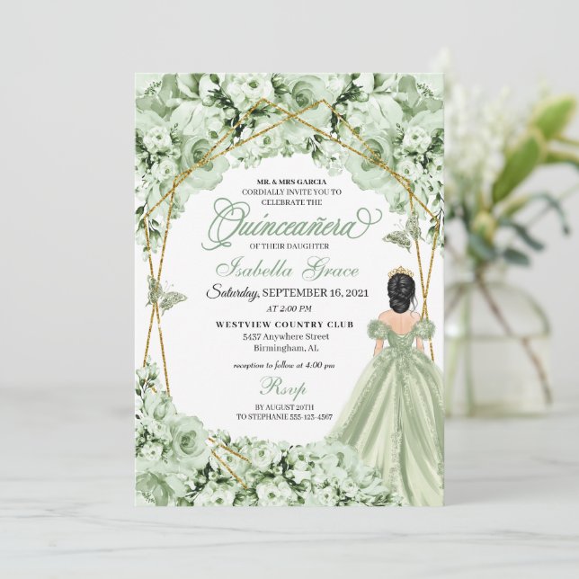 Invitación Sage Green Gold Princess Dress Quinceanera (Anverso de pie)