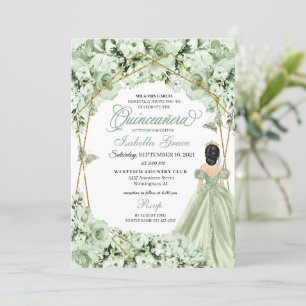 Invitación Sage Green Gold Princess Dress Quinceanera