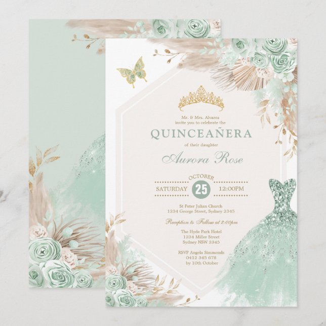 Invitación Sage Green Gold Quinceañera Boho Floral Birday (Anverso / Reverso)