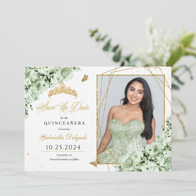 Invitación Sage Green & Gold Quinceañera Salven la foto de la (Anverso de pie)