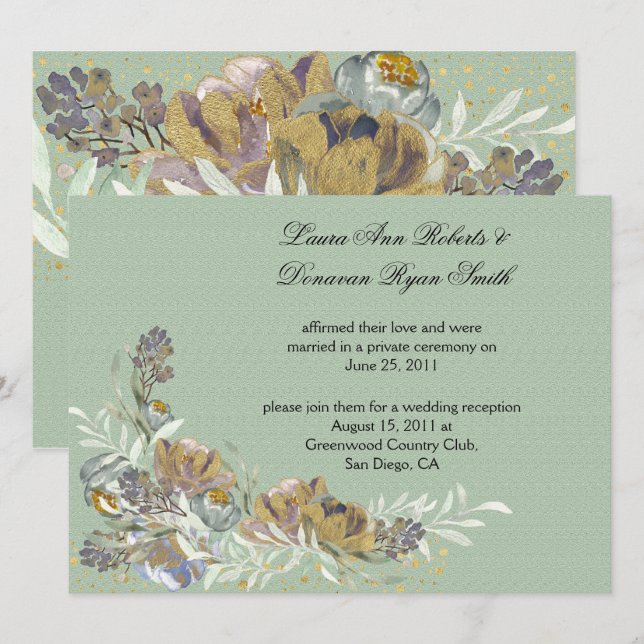Invitación Sage Green Gold Solo Recepción Floral Púrpura (Anverso / Reverso)