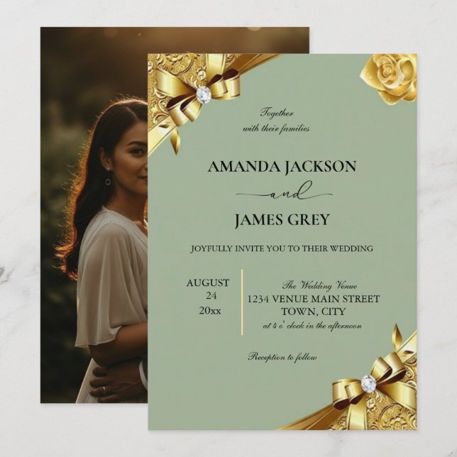 Invitación Sage Green Gold String Lights Photo Wedding Invita (Anverso / Reverso)