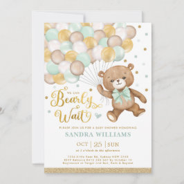 Invitación Sage Green Gold Teddy Bear Neutral Baby Shower