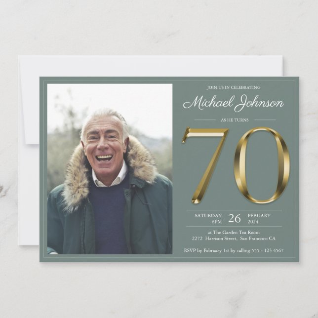 Invitación Sage Green Gold Text Classy Photo 70th Birthday (Anverso)