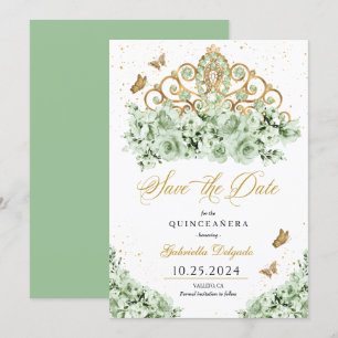 Invitación Sage Green & Gold Tiara Salven La Fecha Quinceañer