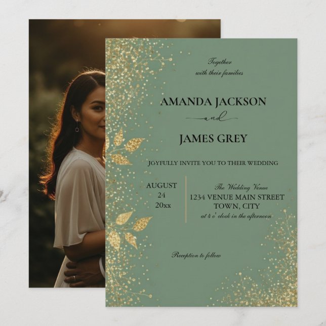 Invitación Sage Green & Gold Wedding Invitation (Anverso / Reverso)