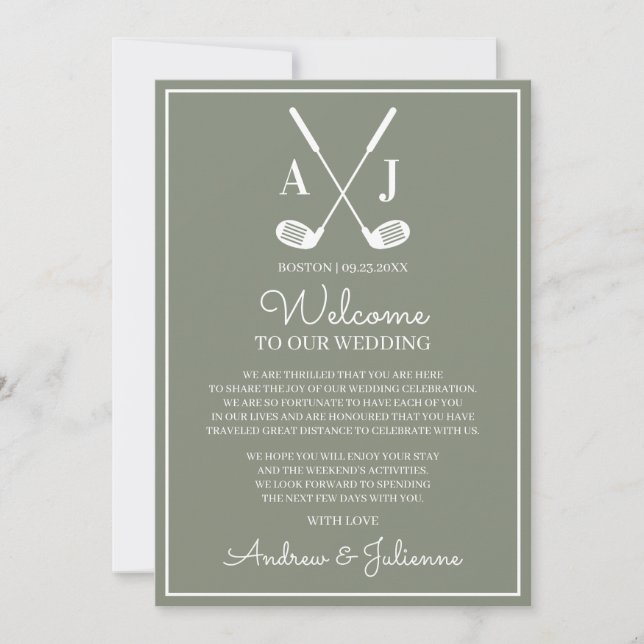 Invitación Sage Green Golf Wedding Welcome Note (Anverso)