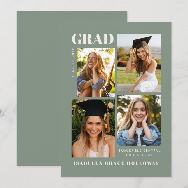 Invitación Sage Green Grad Announcement With Photos (Anverso / Reverso)
