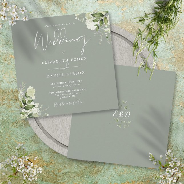 Invitación Sage Green Greenerenery Floral Monograma Square Bo (Sage Green Greenery Floral Monogram Square Wedding Invitation)