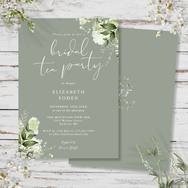 Invitación Sage Green Greenerenery Monograma Bridal Tea Fiest (Sage Green Greenery Monogram Bridal Tea Party Invitation)