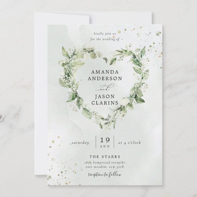 Invitación Sage Green Greenerenery White Floral Wreath Boda (Anverso)