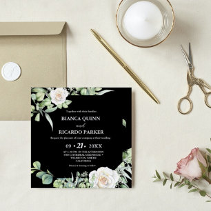 Invitación Sage Green greenery Black Square Boda