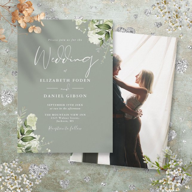 Invitación Sage Green Greenery deja a un elegante Boda fotogr (Sage Green Greenery Leaves Elegant Photo Wedding Invitation)