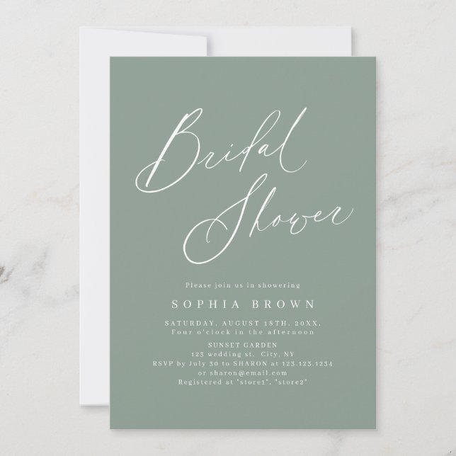 Invitación Sage Green guión moderno mínimo ducha de novia (Anverso)