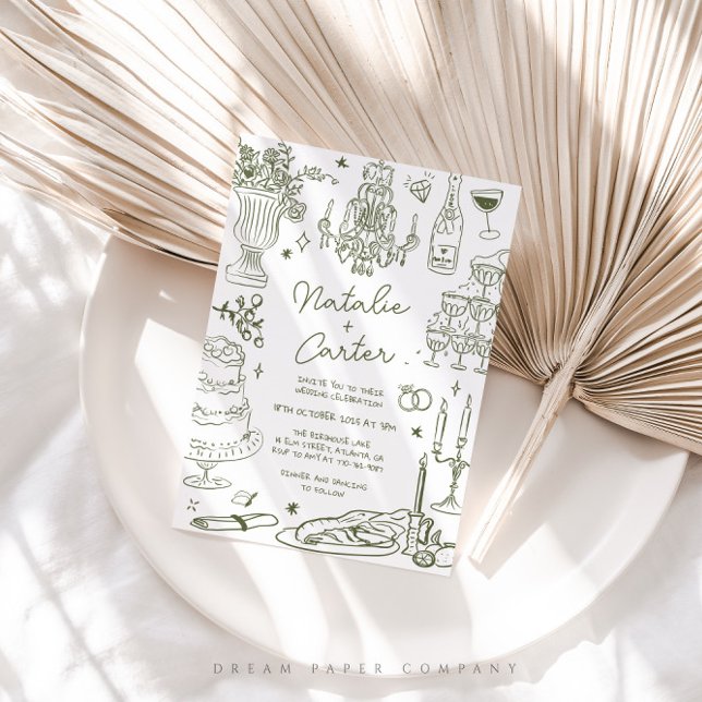 Invitación Sage Green Hand Drake Whimsical Boda (Subido por el creador)
