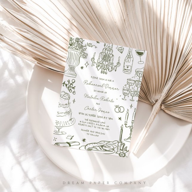 Invitación Sage Green Hand Drake Whimsical Rehearsal Dinner (Subido por el creador)