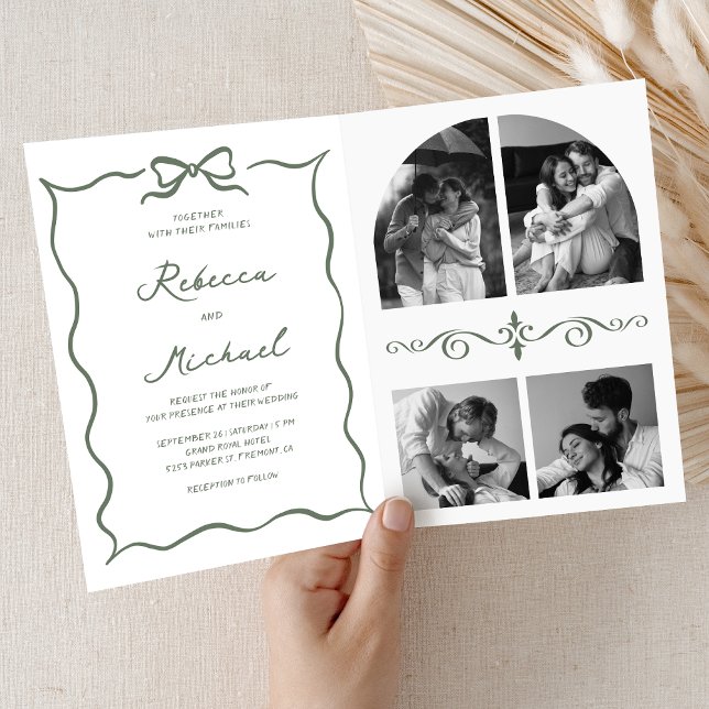 Invitación Sage Green Hand Drawn Bow QR Code Photo Wedding (Subido por el creador)