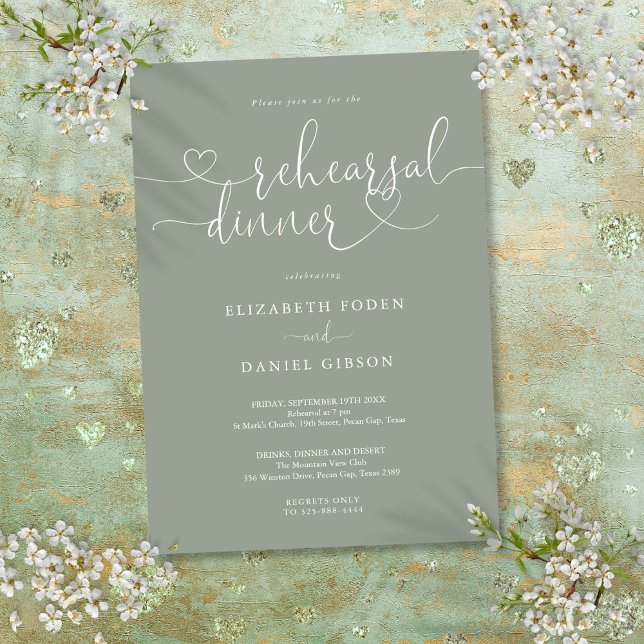 Invitación Sage Green Heart Script Test Dinner (Sage Green Heart Script Rehearsal Dinner Invitation)