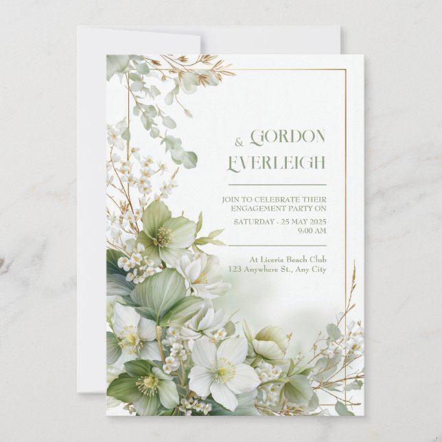 Invitación Sage Green Hellebore Botanical Gold Frame Wedding (Anverso)