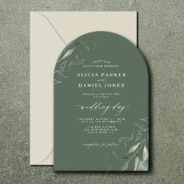 Invitación Sage green hojas boho arch boda