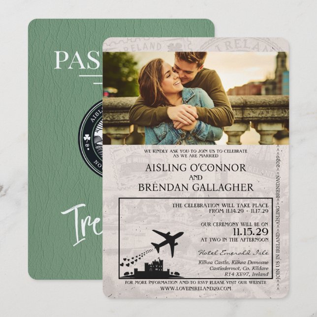 Invitación Sage Green Ireland Passport Boda (Anverso / Reverso)