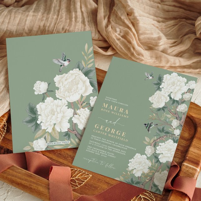 Invitación Sage Green Ivory Chinoiserie Boda Jardín de flores (Subido por el creador)