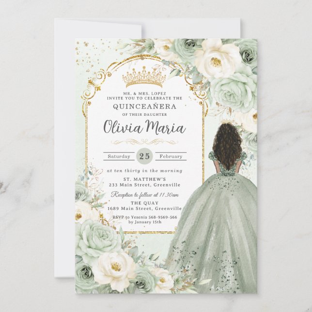 Invitación Sage Green Ivory Floral Brown Chica Quinceañera (Anverso)