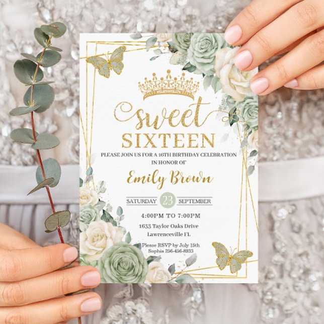 Invitación Sage Green Ivory Floral Butterflies Gold Sweet 16 (Subido por el creador)