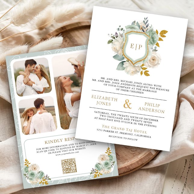 Invitación Sage Green Ivory Floral Escudo de código QR Boda (Subido por el creador)